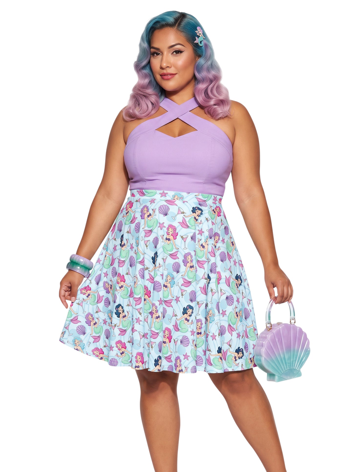 Plus-size woman wearing a Mermaids and Martinis flare swing skirt.