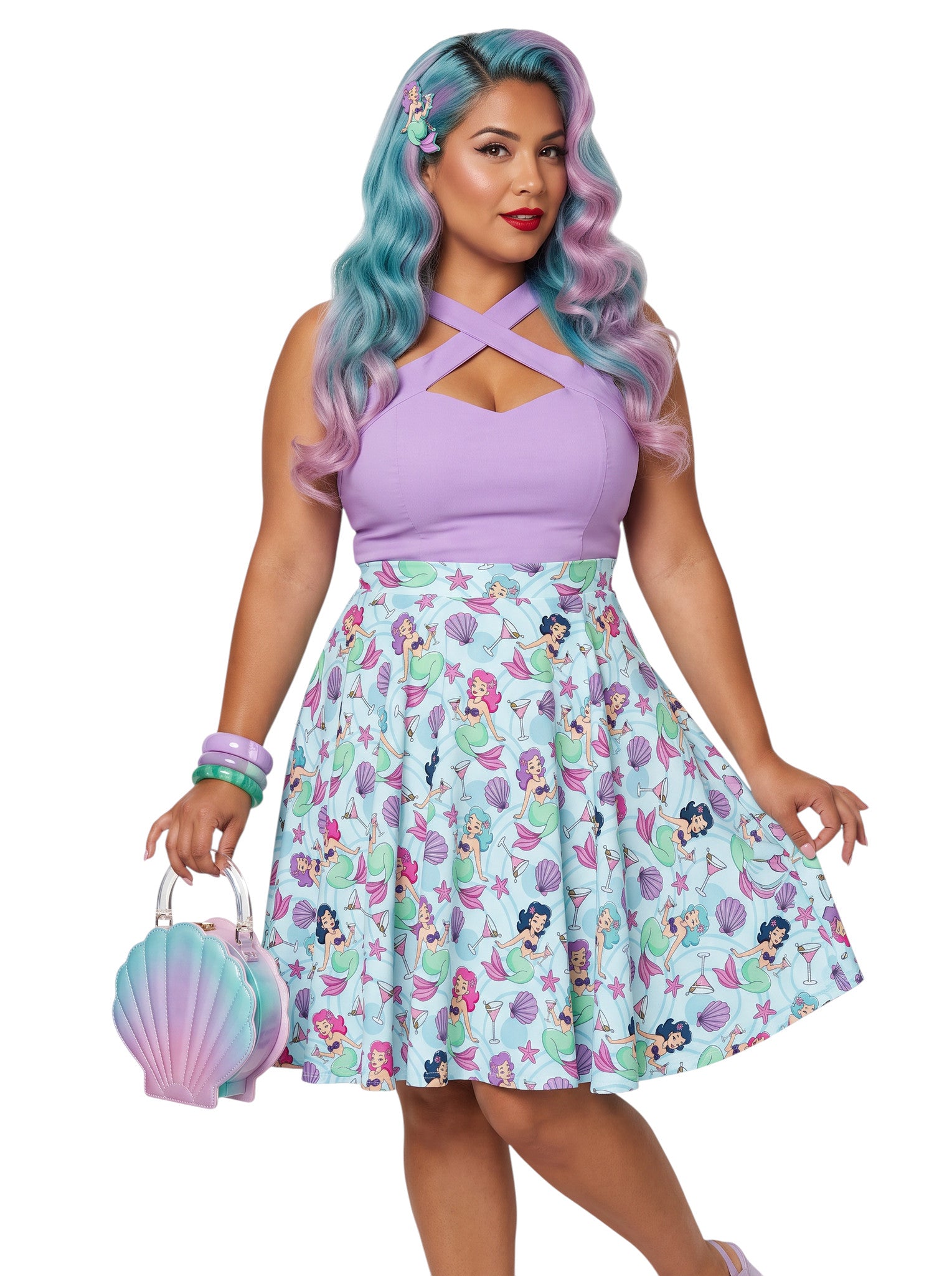 Plus-size woman wearing a Mermaids and Martinis flare swing skirt.