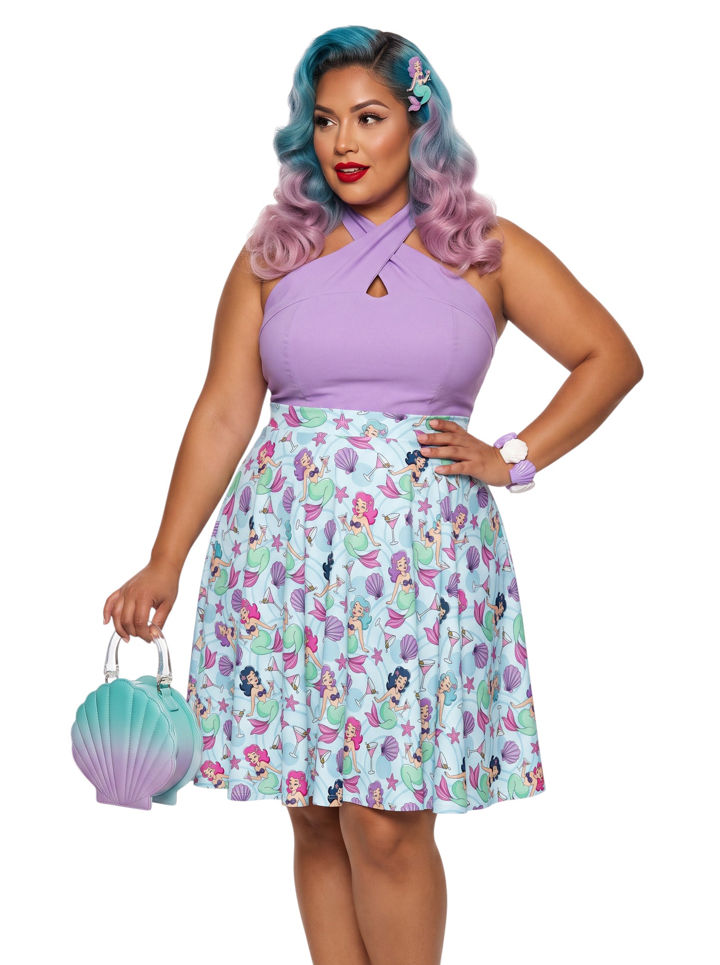 Plus-size woman wearing a Mermaids and Martinis flare swing skirt.