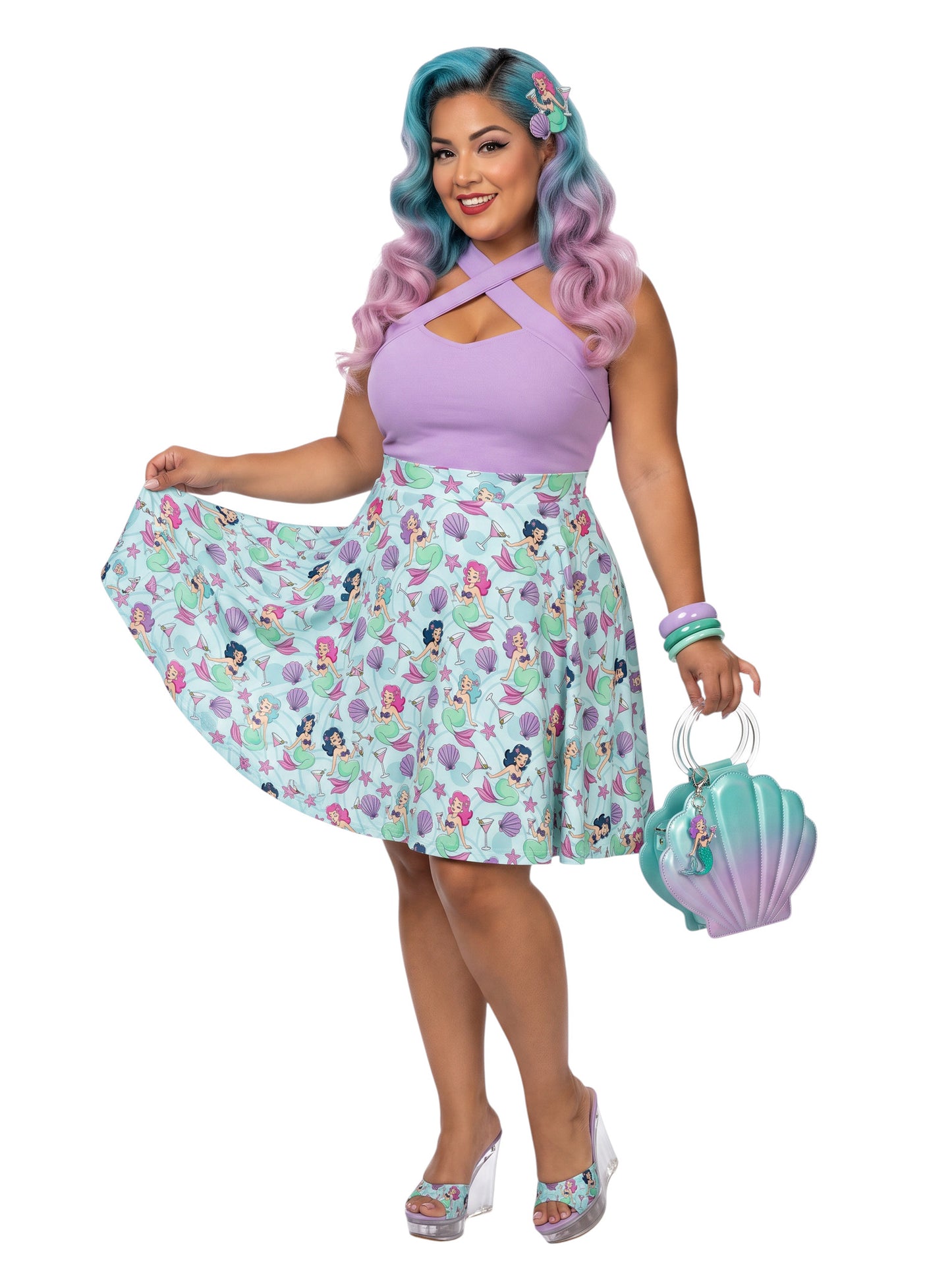 Plus-size woman wearing a Mermaids and Martinis flare swing skirt.