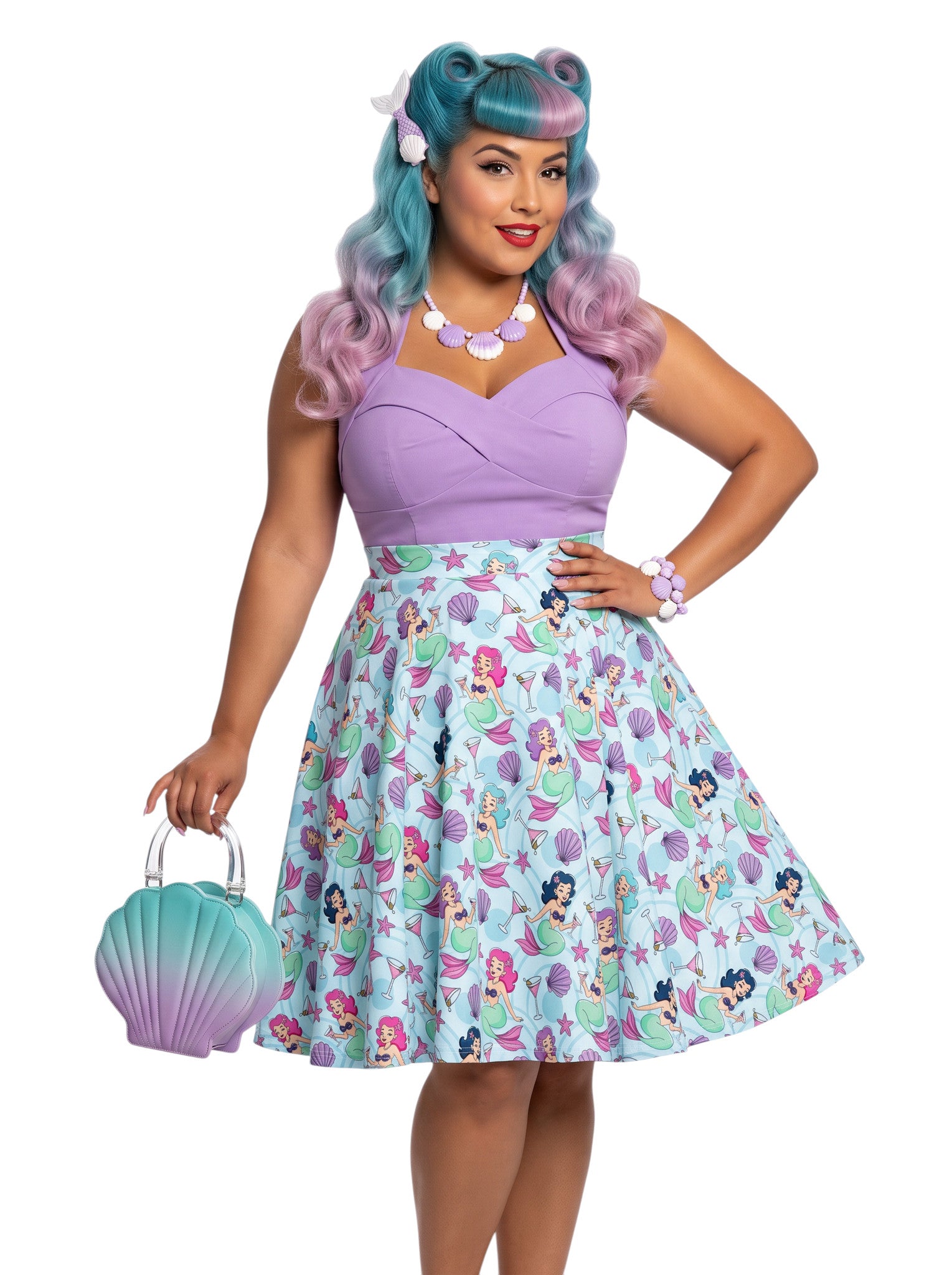 Plus-size woman wearing a Mermaids and Martinis flare swing skirt.