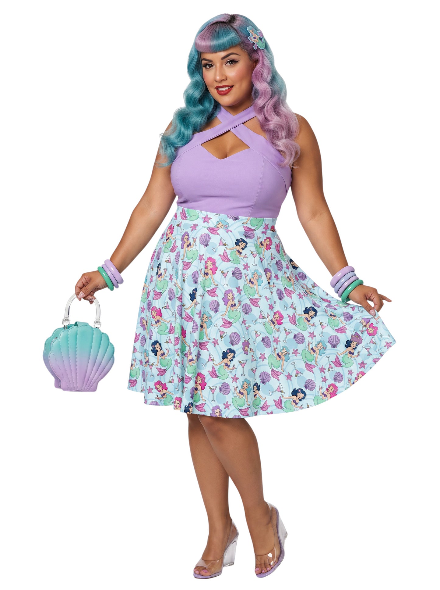 Plus-size woman wearing a Mermaids and Martinis flare swing skirt.