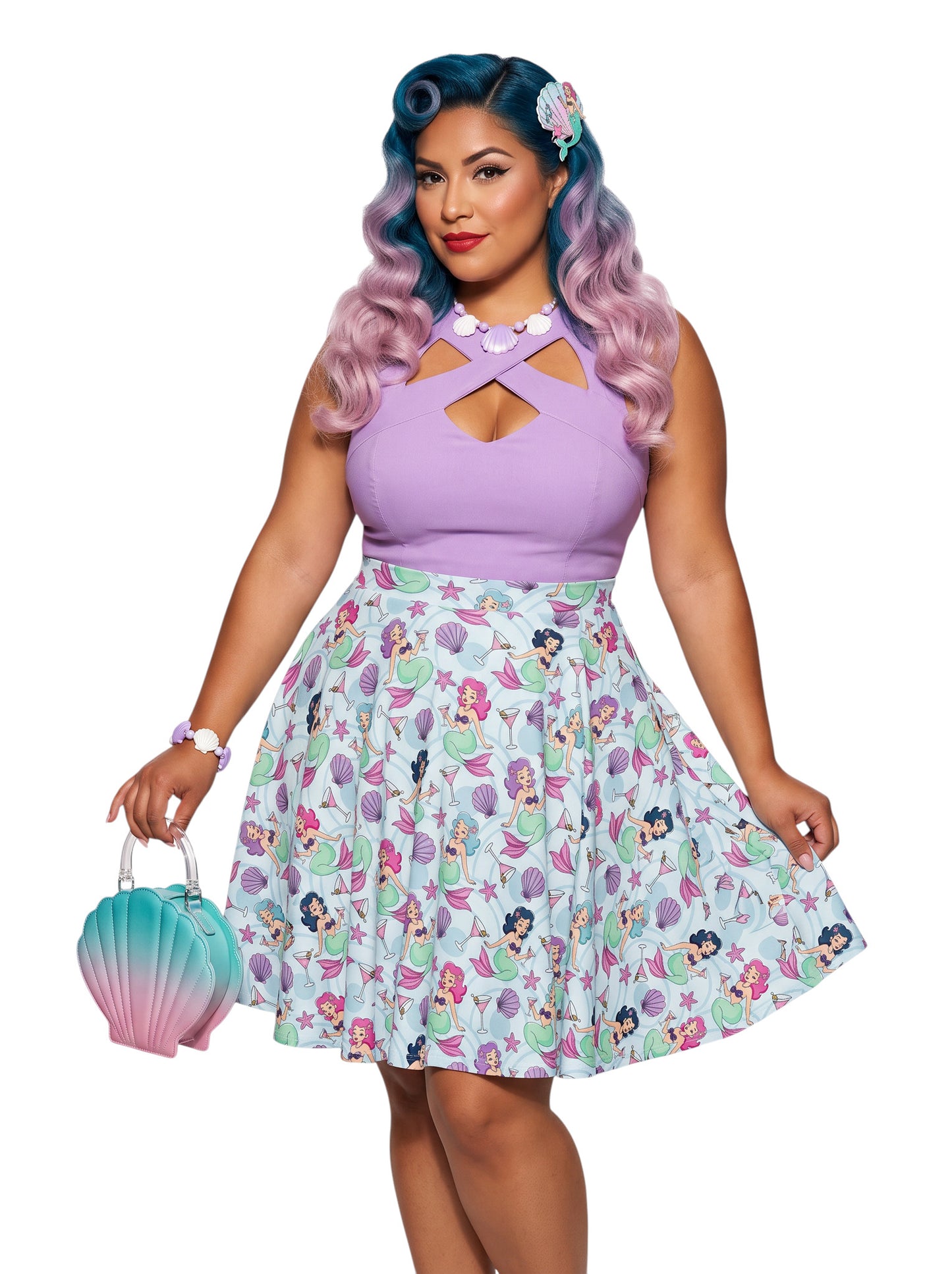 Plus-size woman wearing a Mermaids and Martinis flare swing skirt.