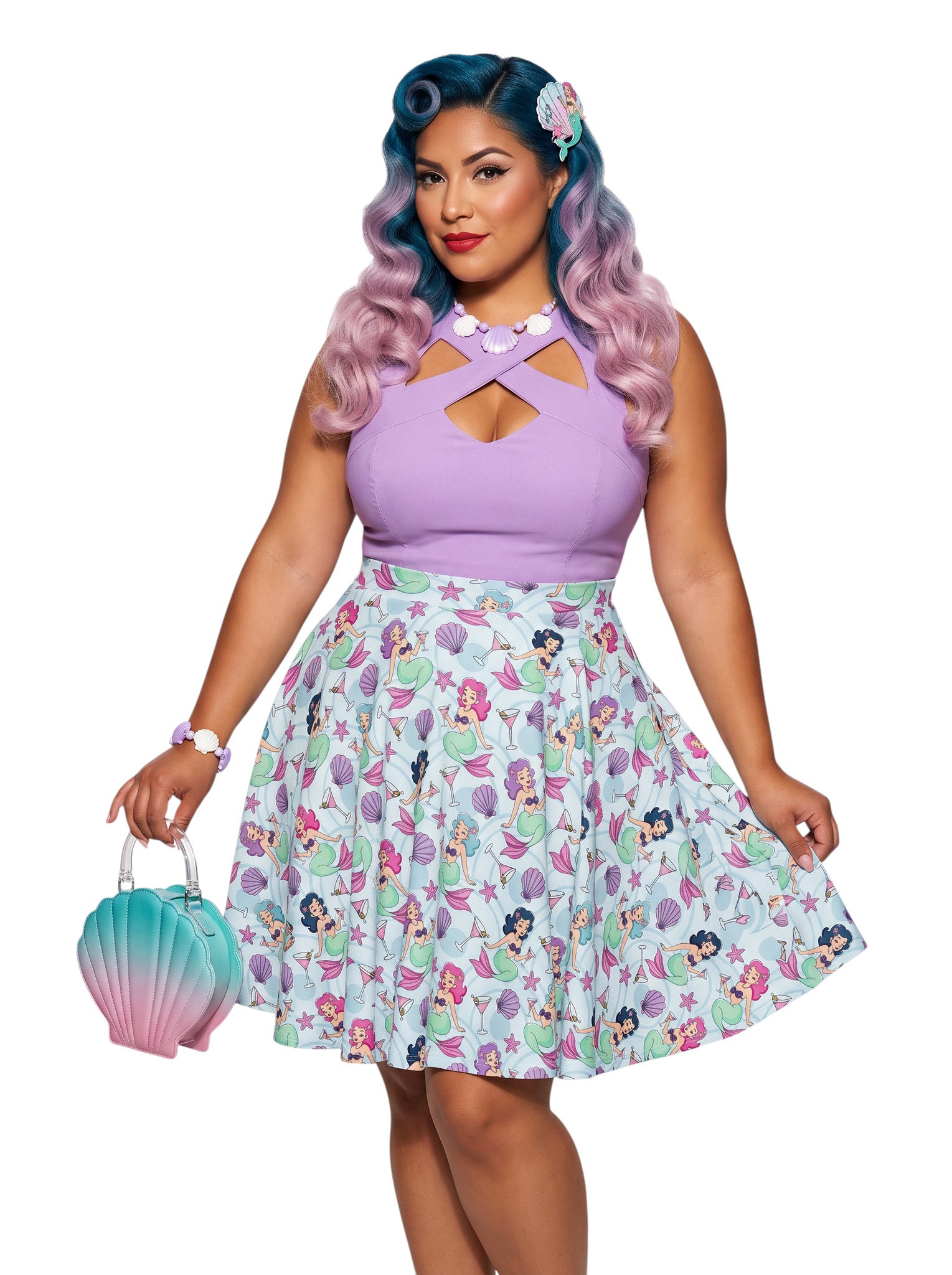 Plus-size woman wearing a Mermaids and Martinis flare swing skirt.