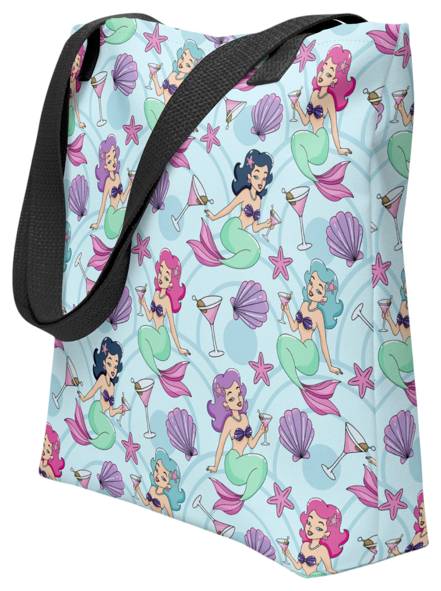 Mermaid and martini print beach tote bag.