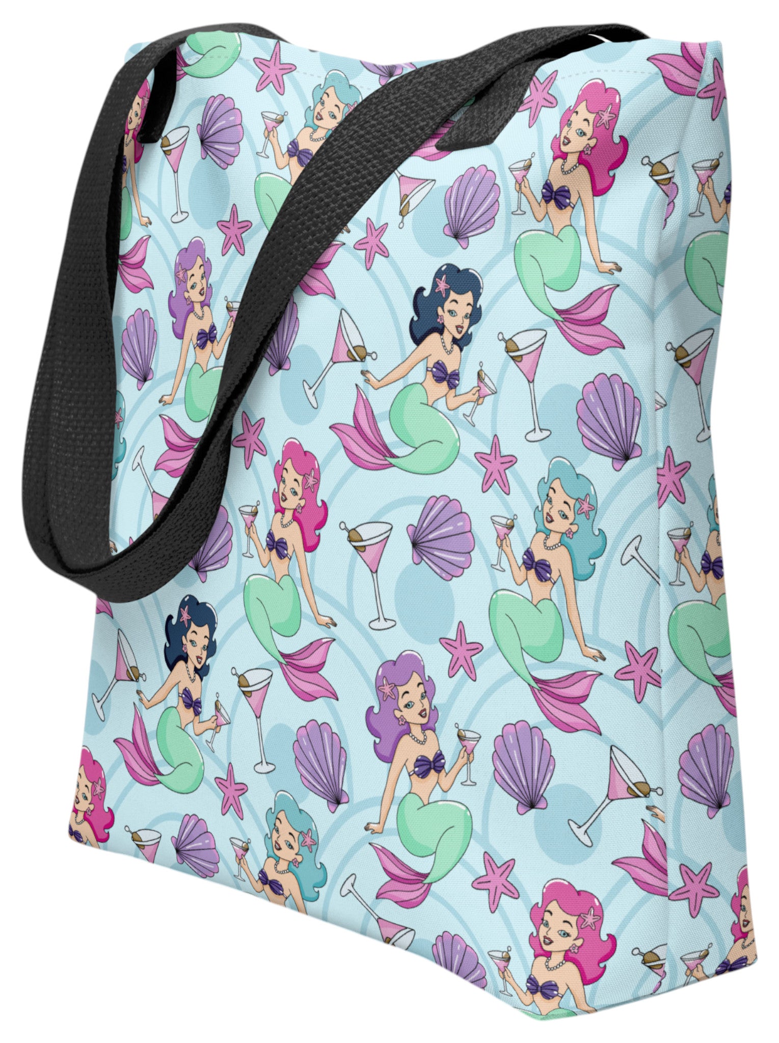 Mermaid and martini print beach tote bag.