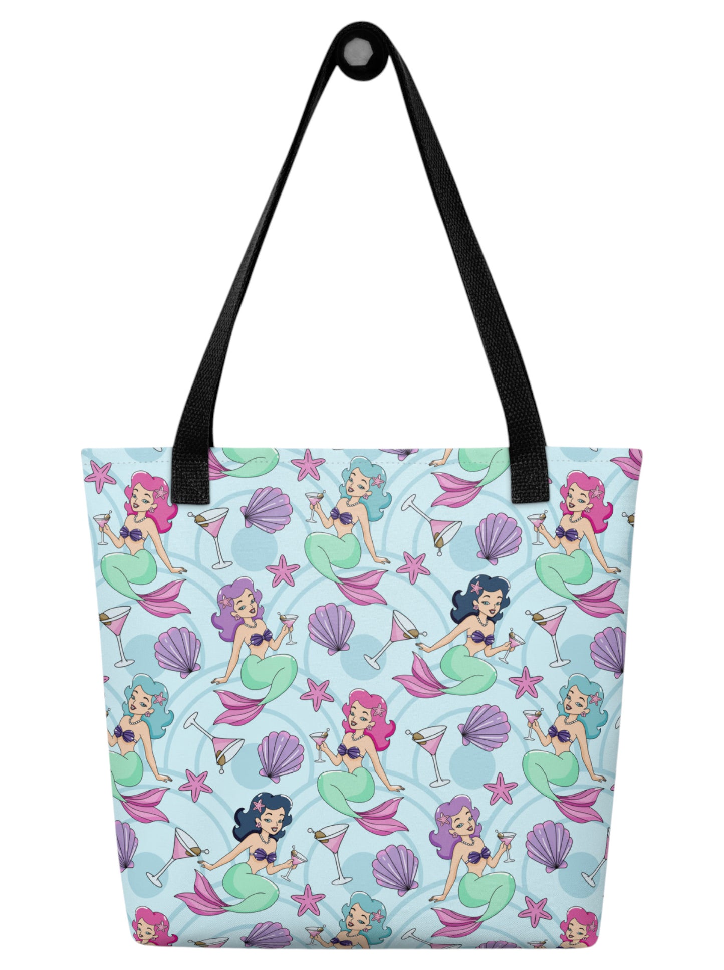 Mermaid, martini and seashell print beach tote bag.