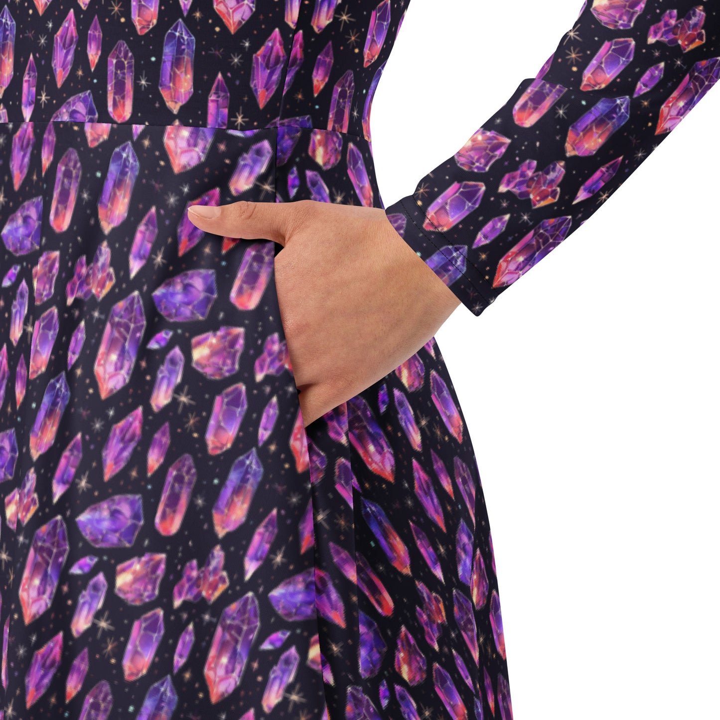 Long-sleeve dress with purple crystal pattern on a black background