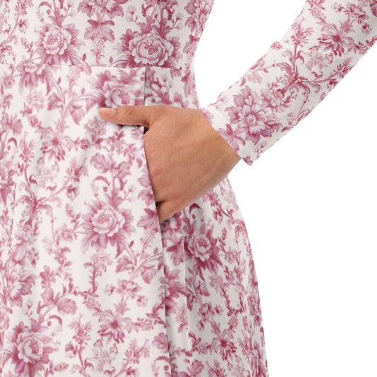 Floral patterned dress with a hand in the pocket on a white background