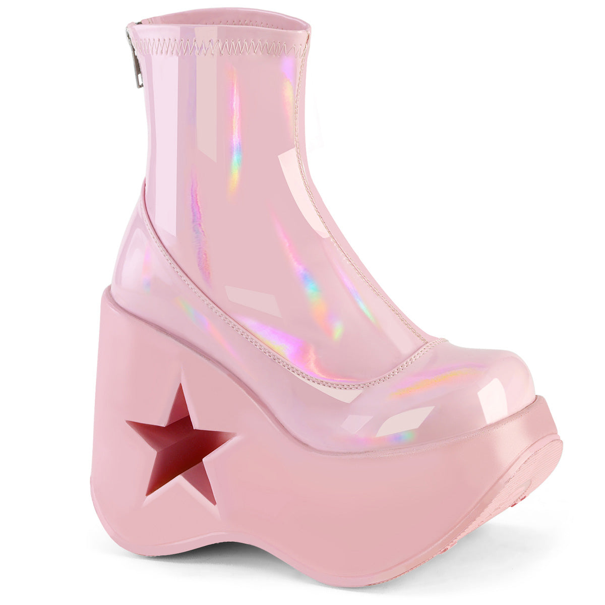 Pink holographic platform wedge ankle boot featuring a 5-inch star cutout in the heel and a back metal zip closure.