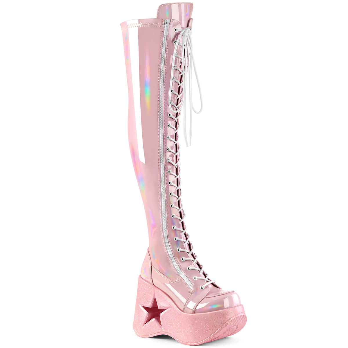 Pink holographic thigh-high platform wedge boots with star cutout and lace-up front