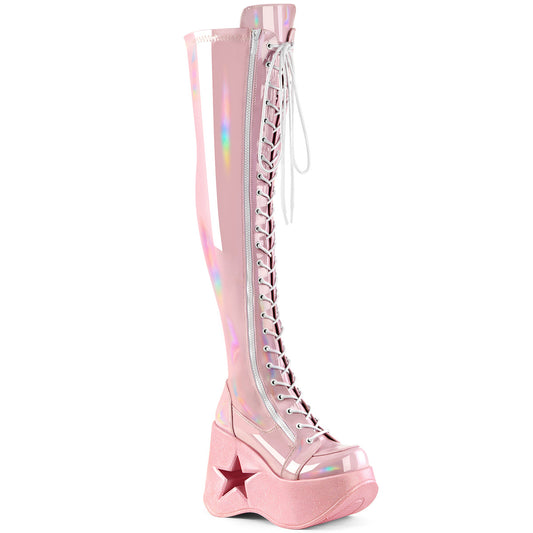 Pink holographic thigh-high platform wedge boots with star cutout and lace-up front