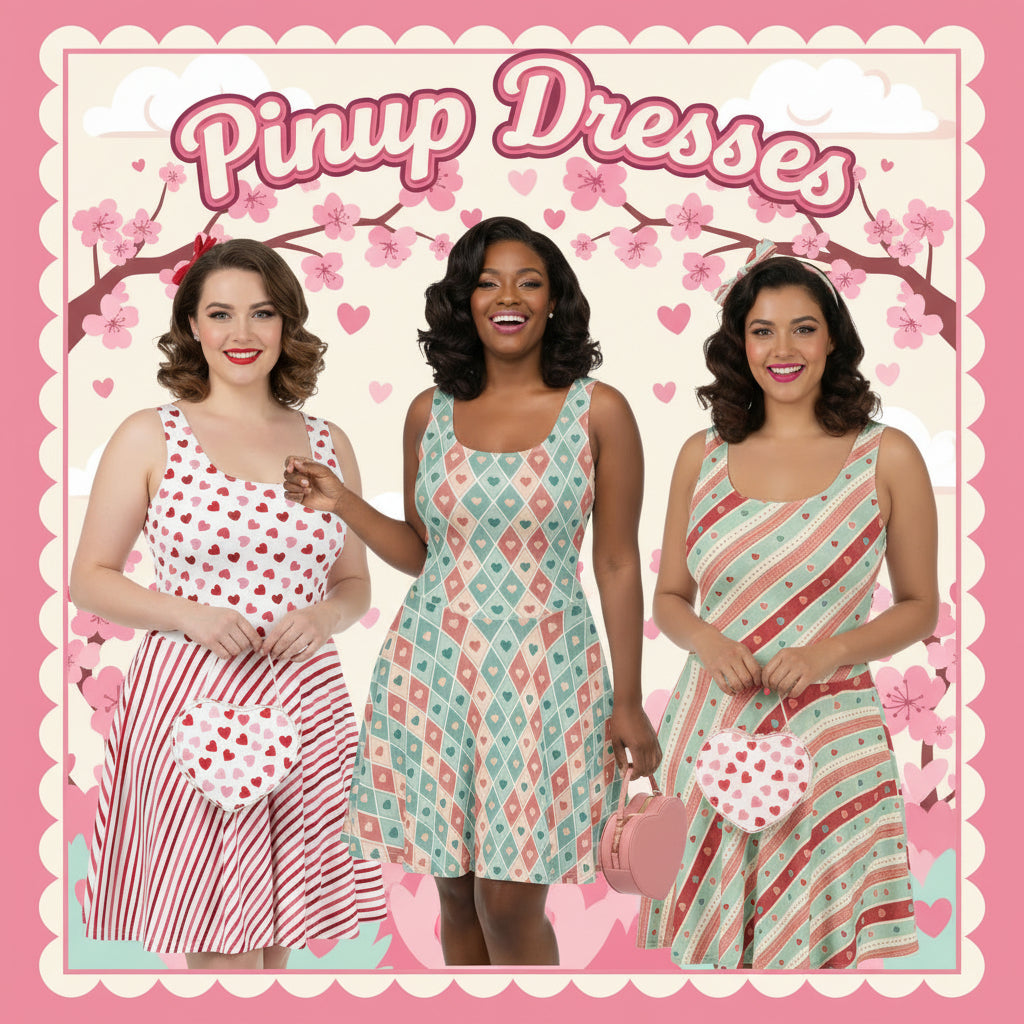 Three women wearing pinup vintage dresses on a pink background with 'Pinup Dresses' text.