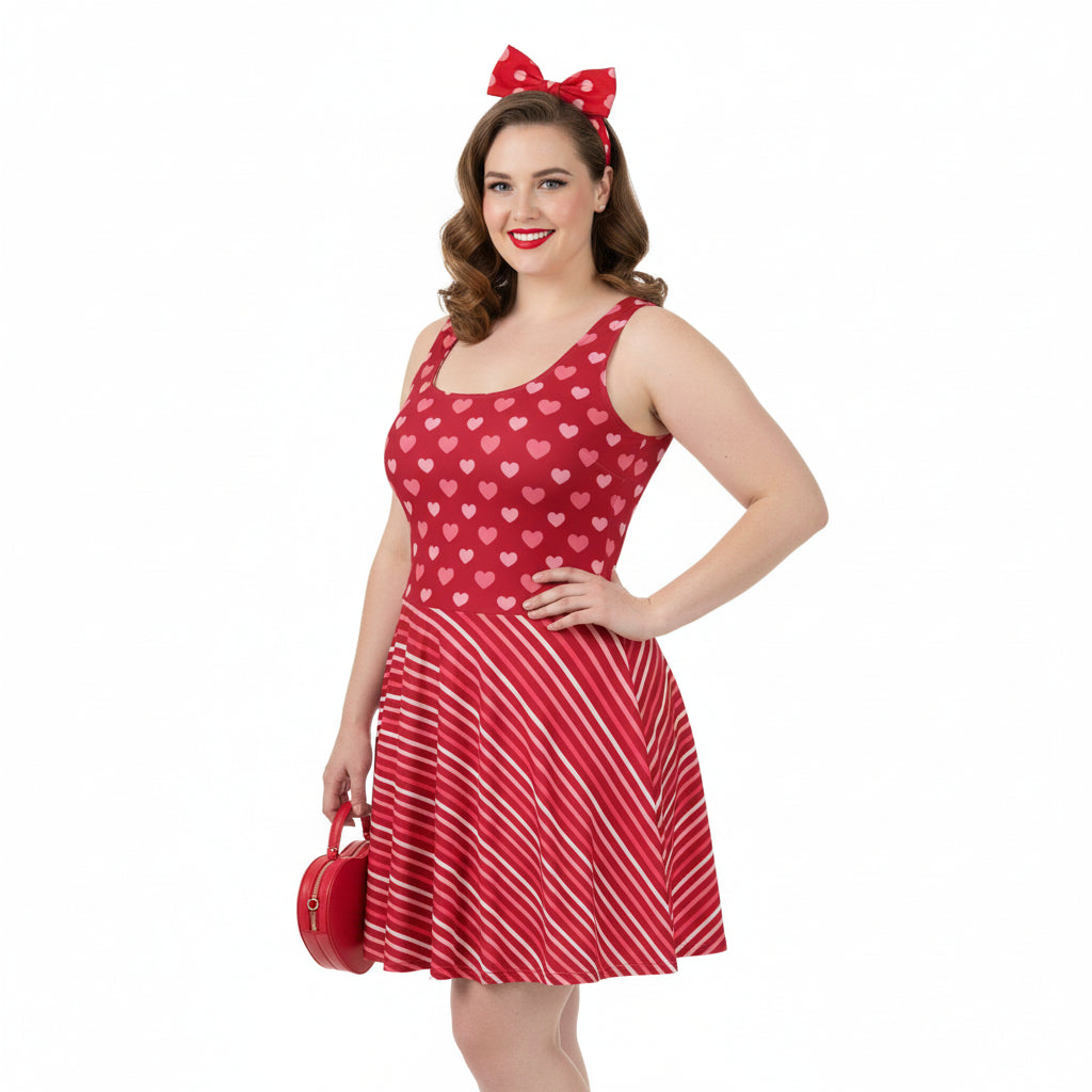 Woman wearing a red dress with heart pattern and holding a matching handbag on a white background