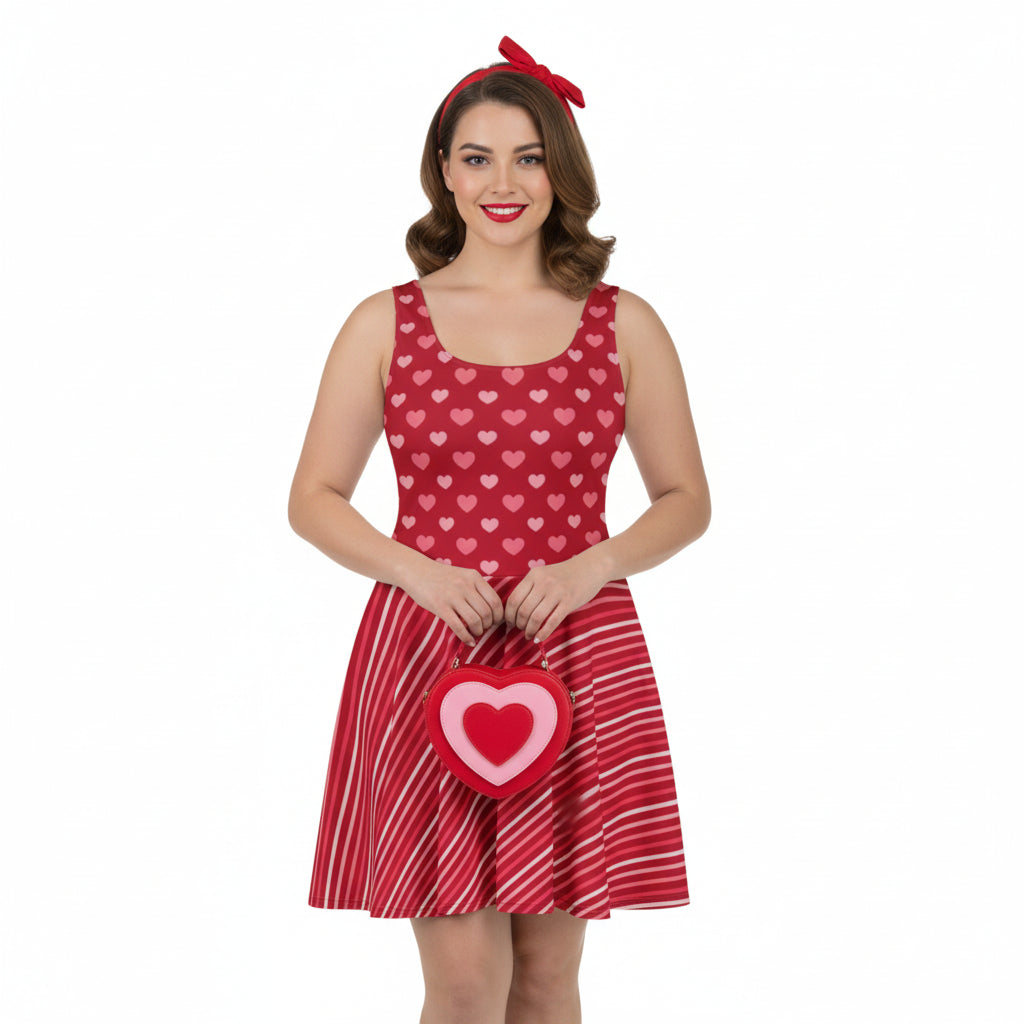 Woman wearing a red dress with heart patterns and holding a heart-shaped bag on a white background