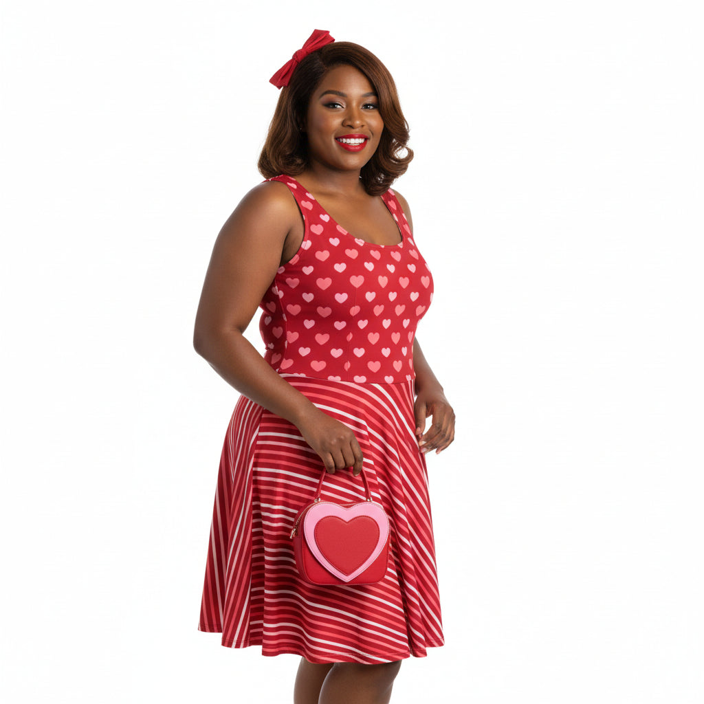 Woman wearing a red dress with heart patterns and holding a matching heart-shaped bag on a white background