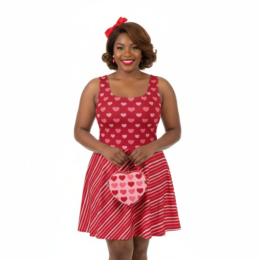 Woman wearing a red dress with heart patterns and holding a matching handbag on a white background