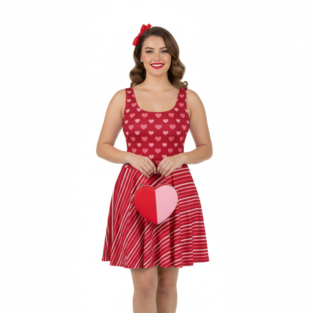 Woman wearing a red dress with heart patterns, holding a matching heart-shaped box on a white background