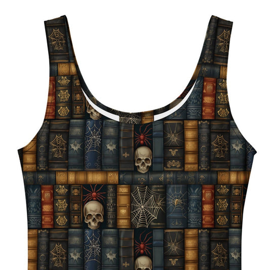 Dark academia skater dress with a vintage bookshelf and skull print.