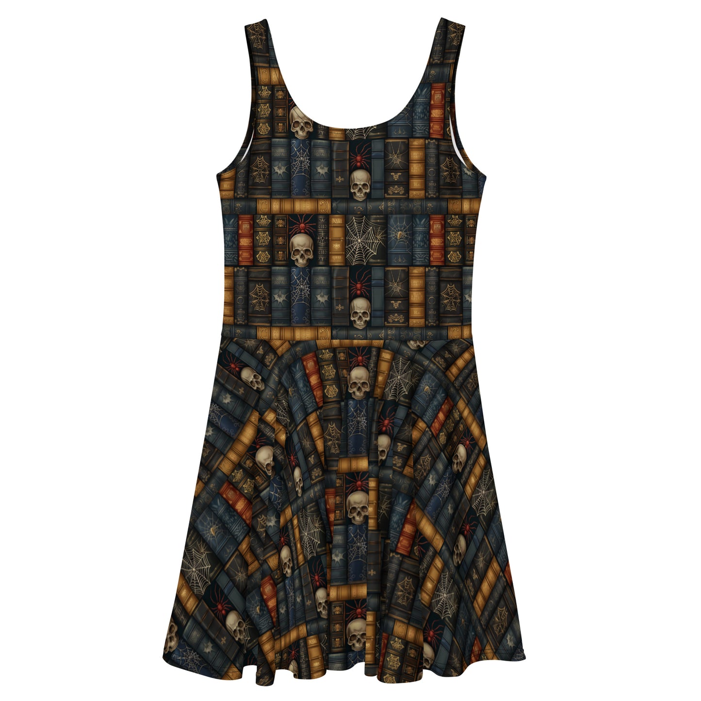 Dark academia skater dress with a vintage bookshelf and skull print,