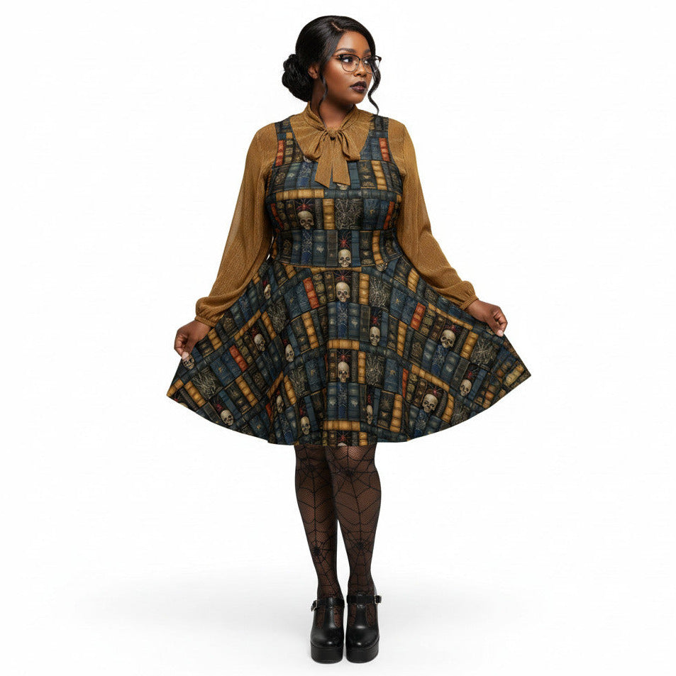 dark brown skater dress Plus Size Dark Academia Bookshelf Print Skater Dress – The Pinup Shop