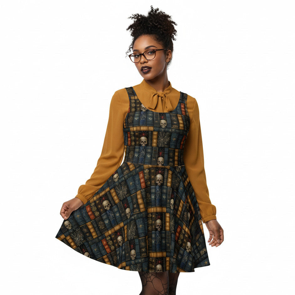 Woman wearing a dark academia skater dress with a vintage bookshelf and skull print, styled with a mustard yellow pussybow blouse and round glasses.