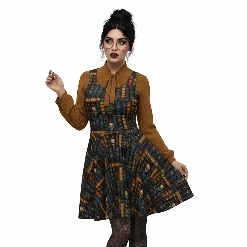 Woman wearing a dark academia skater dress with a vintage bookshelf and skull print, styled with a golden bronze pussybow blouse and glasses.