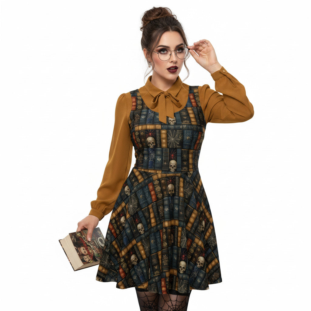 Woman wearing a dark academia skater dress with a vintage bookshelf and skull print, styled with a mustard yellow pussybow blouse and glasses.