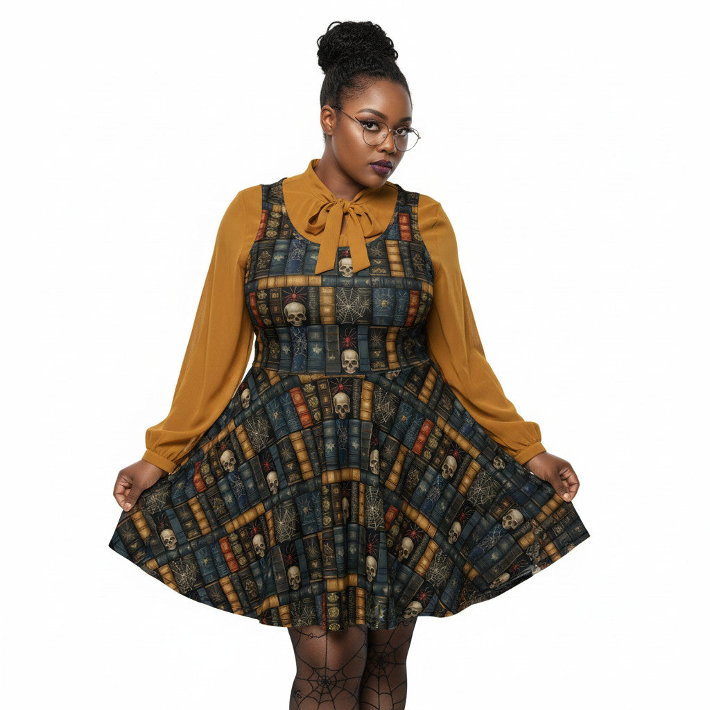 Plus size Woman wearing a dark academia skater dress with a vintage bookshelf and skull print, styled with a mustard yellow pussybow blouse and round glasses.