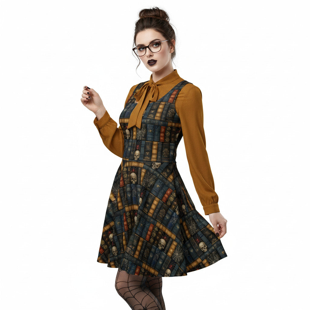 Woman wearing a dark academia skater dress with a vintage bookshelf and skull print, styled with a golden bronze pussybow blouse and glasses.