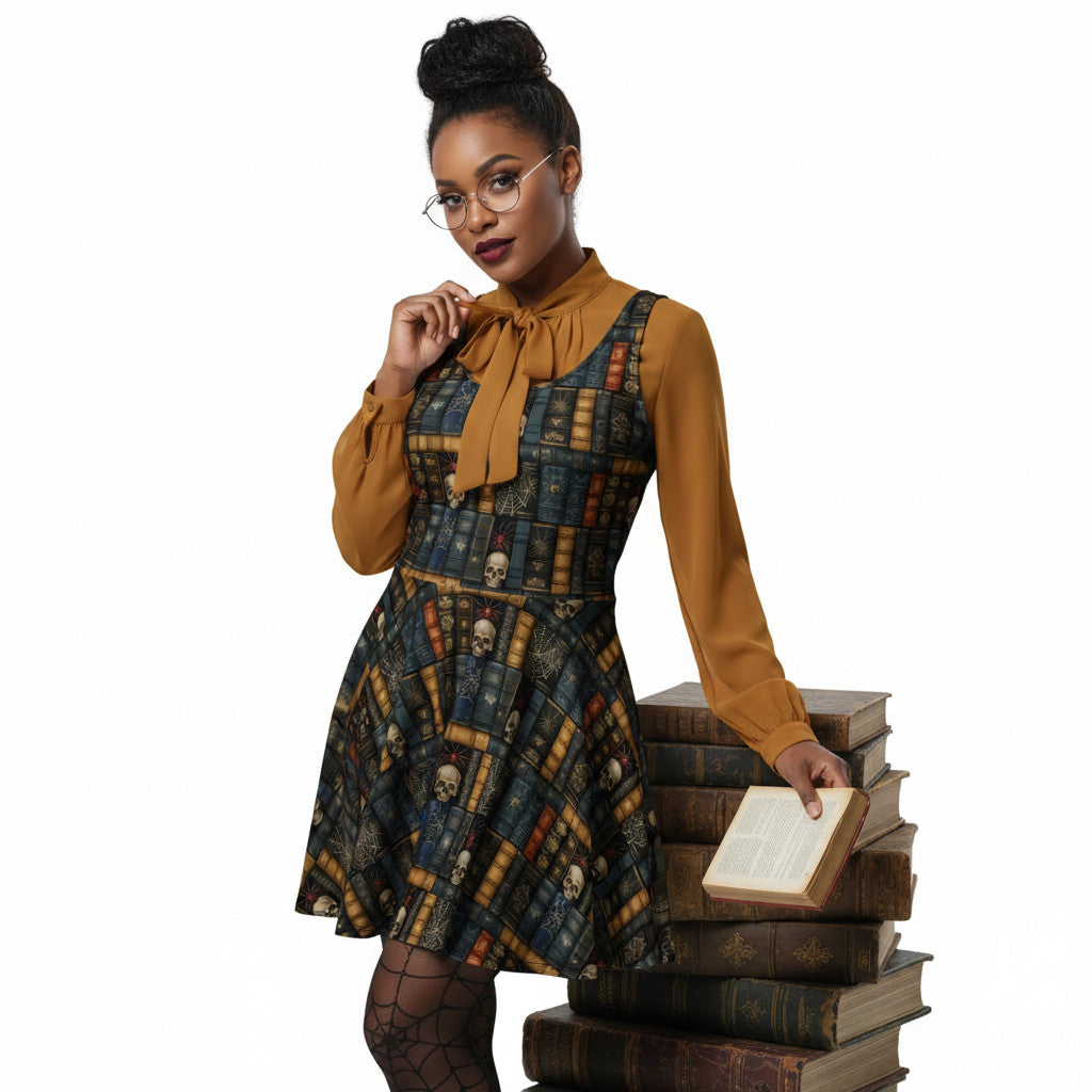 Woman wearing a dark academia skater dress with a vintage bookshelf and skull print, styled with a golden bronze pussybow blouse and glasses.