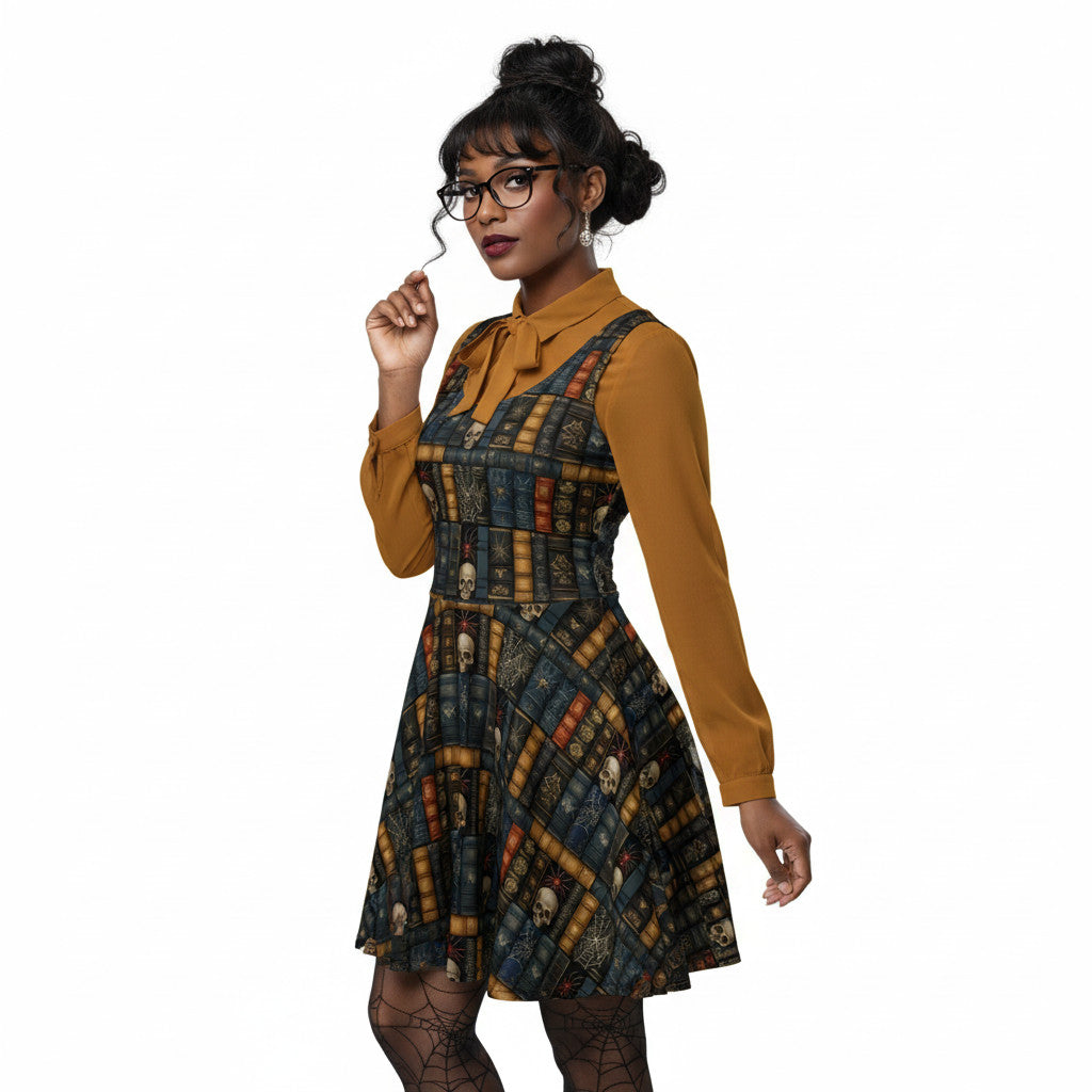 Woman wearing a dark academia skater dress with a vintage bookshelf and skull print, styled with a mustard yellow pussybow blouse and glasses.