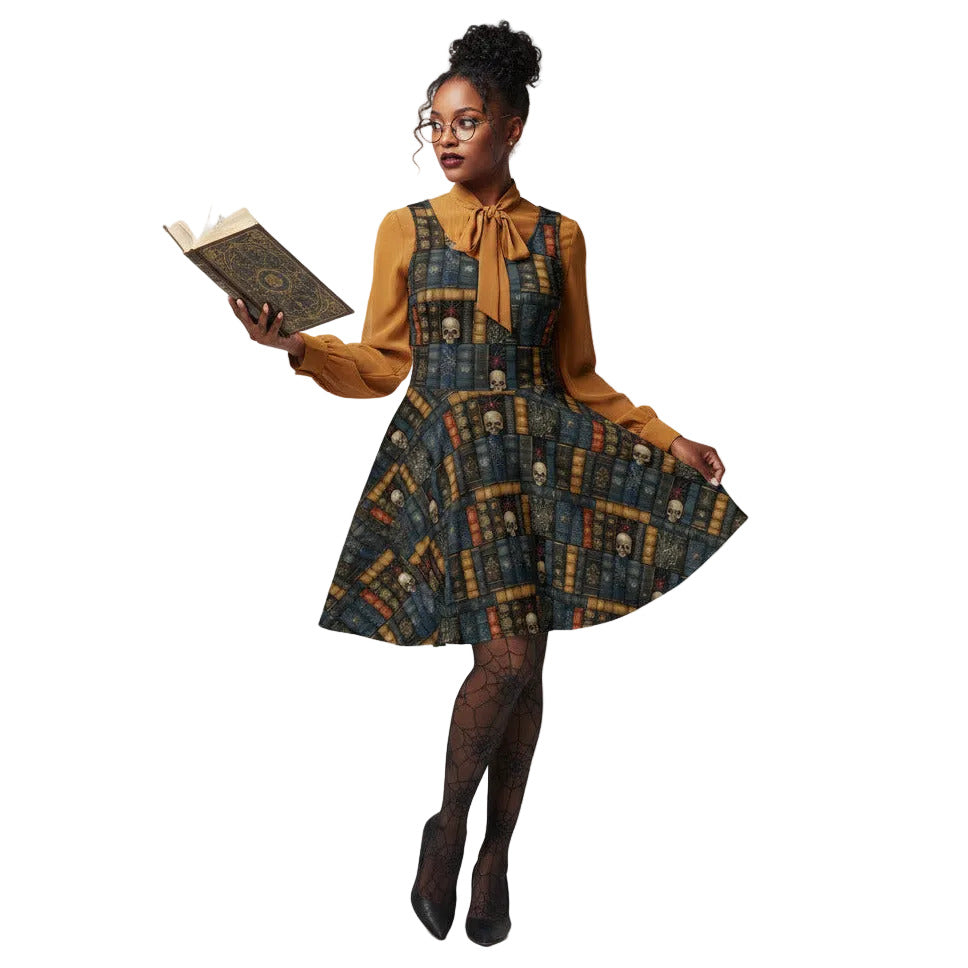 Woman wearing a dark academia skater dress with a vintage bookshelf and skull print, styled with a golden bronze pussybow blouse and glasses.