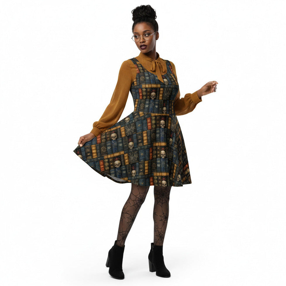 Woman wearing a dark academia skater dress with a vintage bookshelf and skull print, styled with a golden bronze pussybow blouse and glasses.