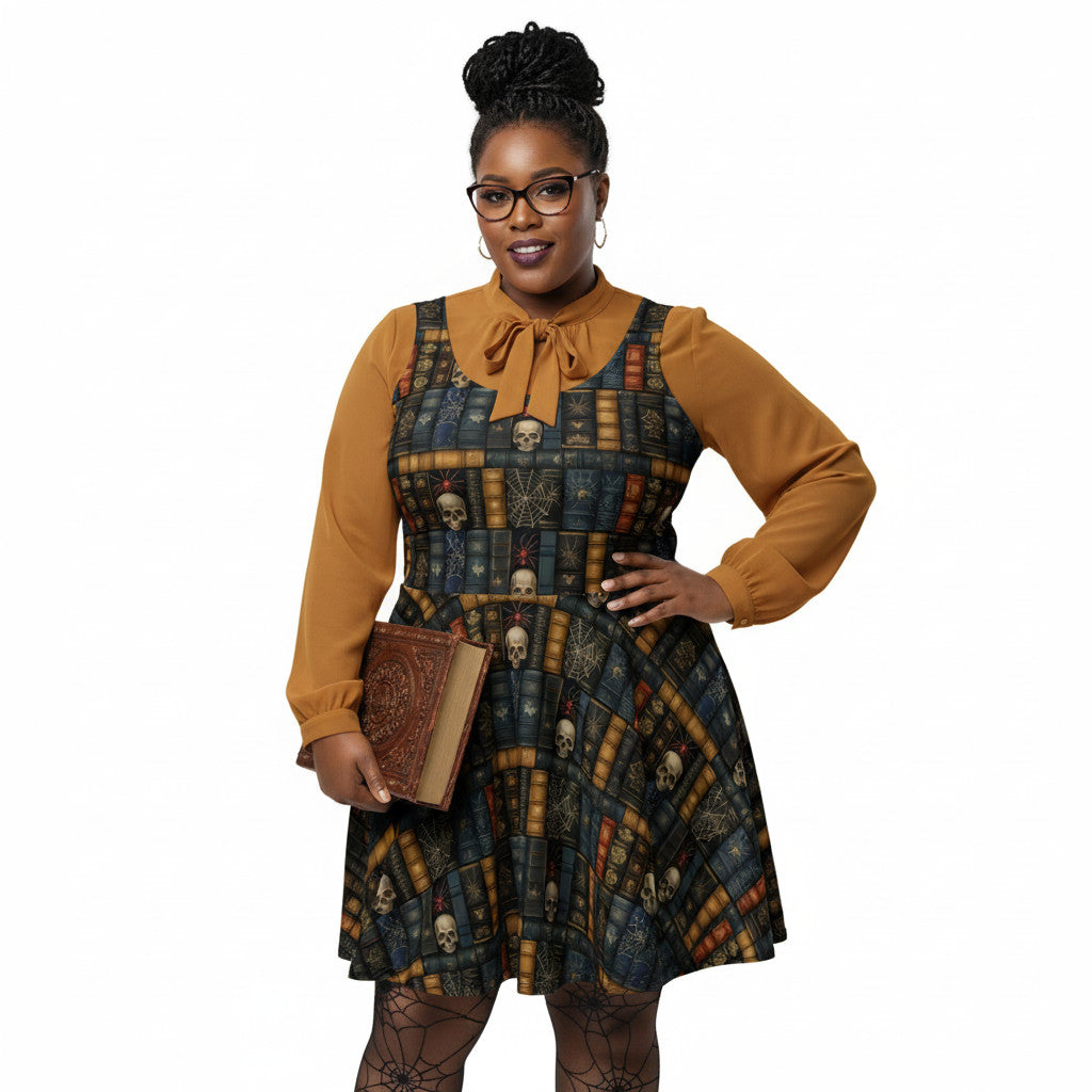 Plus Size Dark Academia Bookshelf Print Skater Dress Blue/Black / XL