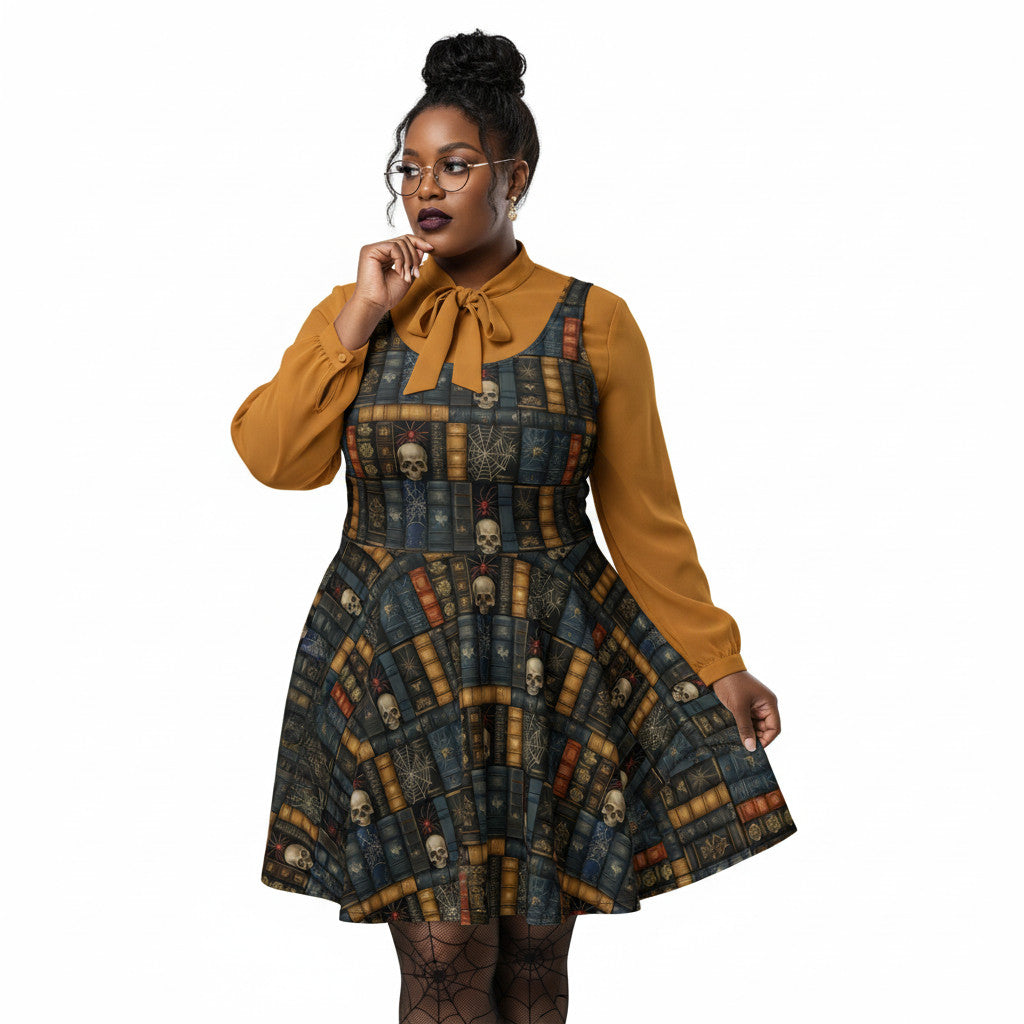 Woman wearing a dark academia skater dress with a vintage bookshelf and skull print, styled with a golden bronze pussybow blouse and glasses.