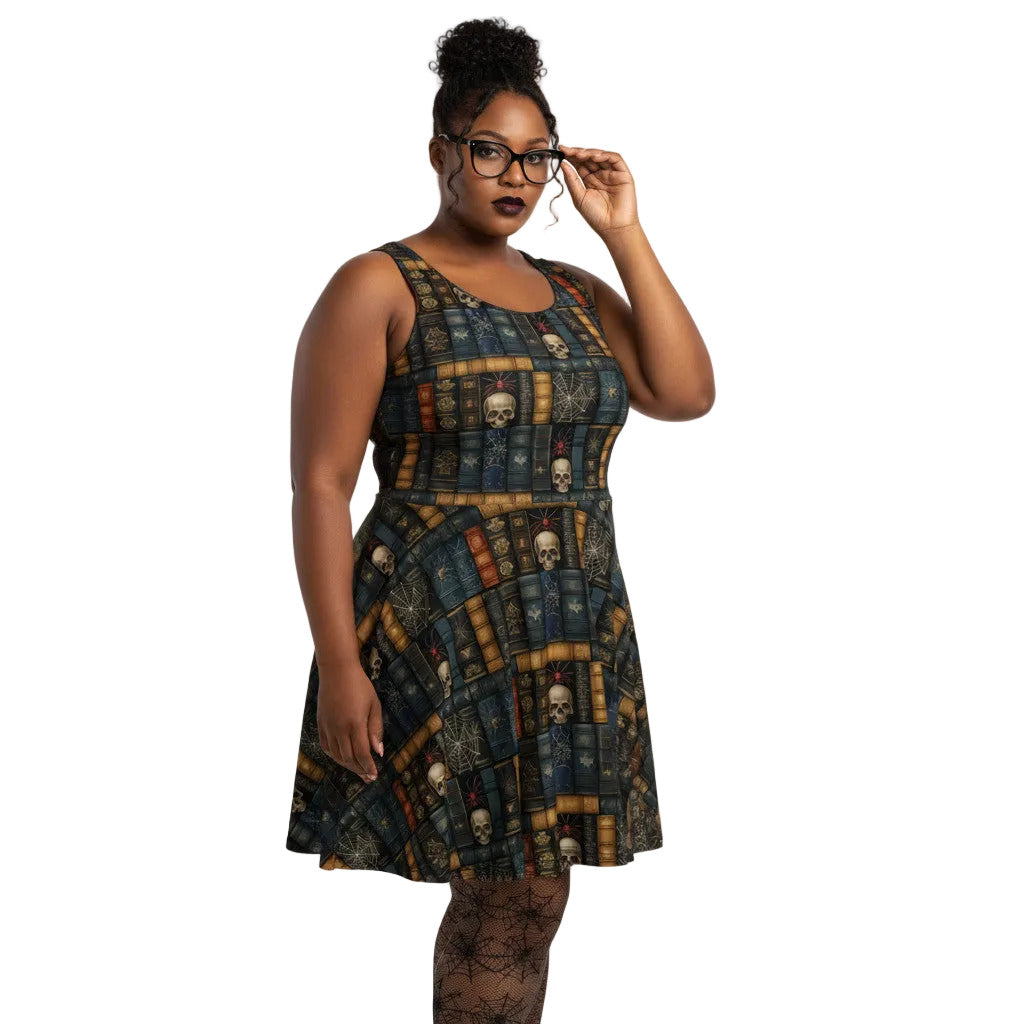 Plus size Woman wearing a dark academia skater dress with a vintage bookshelf and skull print.
