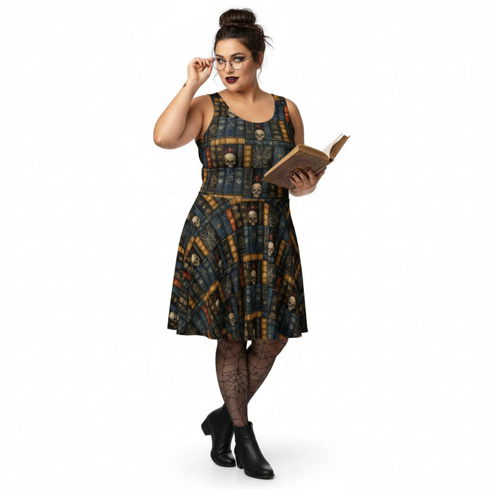 Woman wearing a dark academia skater dress with a vintage bookshelf and skull print.