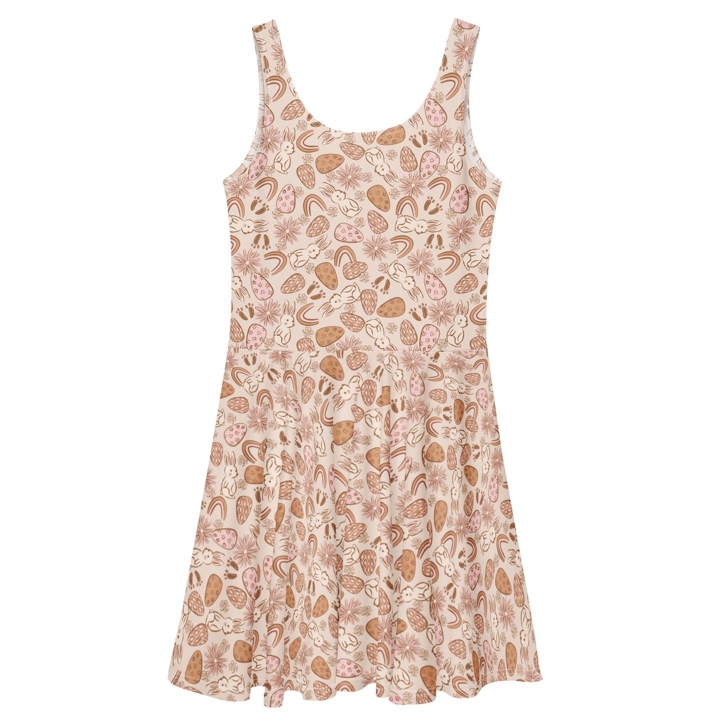 1950s vintage style swing dress with pink and tan Easter egg and bunny print, featuring a sleeveless scoop neck and flared skirt.