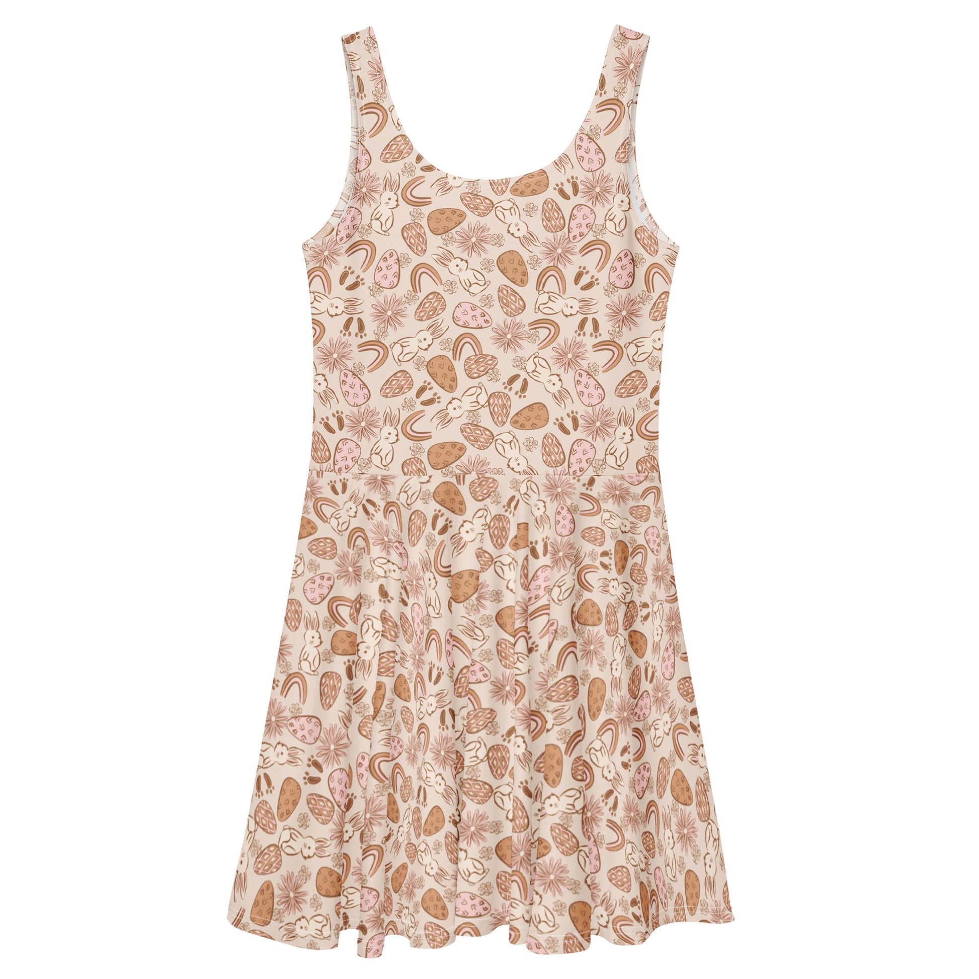 1950s vintage style swing dress with pink and tan Easter egg and bunny print, featuring a sleeveless scoop neck and flared skirt.