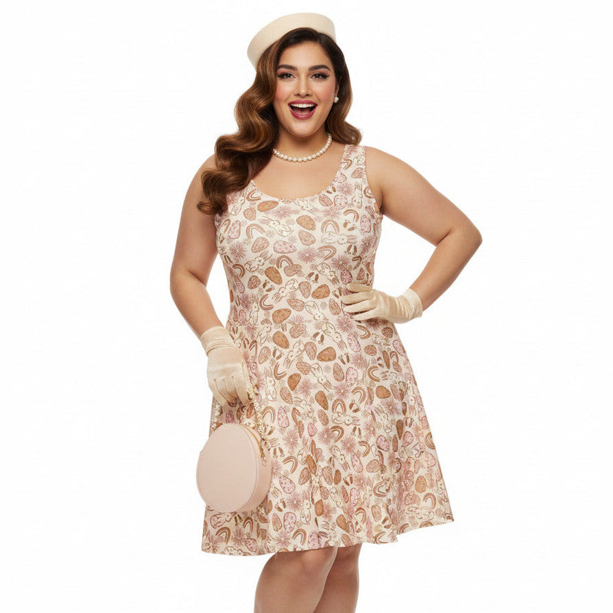 Plus size woman wearing a 1950s vintage style swing dress with pink and tan Easter egg and bunny print, featuring a sleeveless scoop neck and flared skirt.