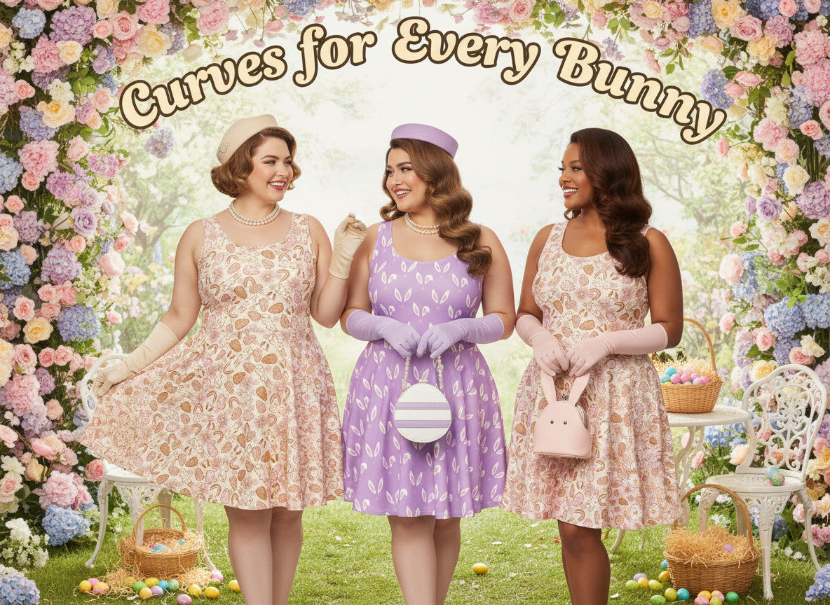 Three women in vintage-style Easter dresses standing in a garden with Easter decorations.