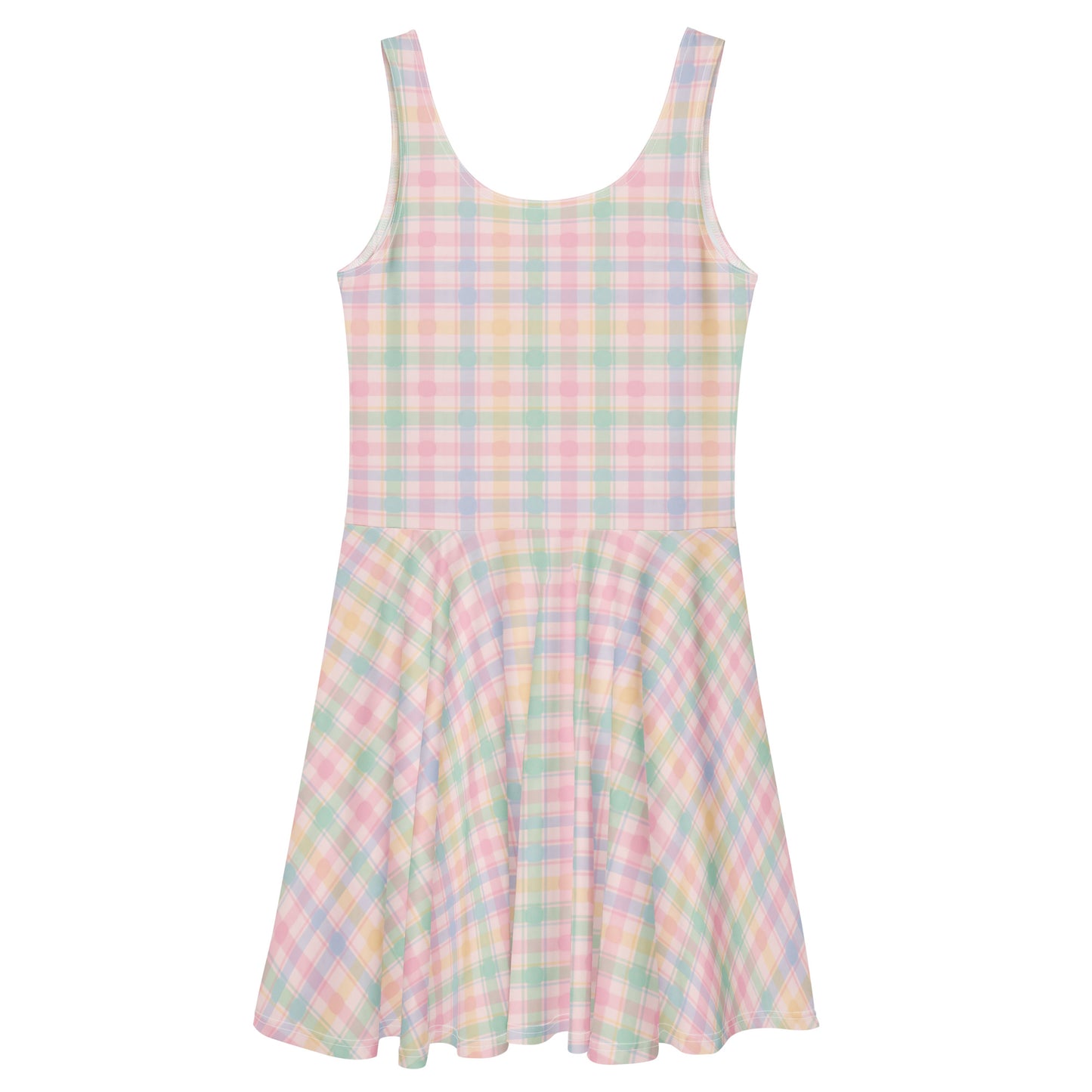 Pastel pink and green gingham 1950s vintage style swing dress with matching pillbox hat and gloves.