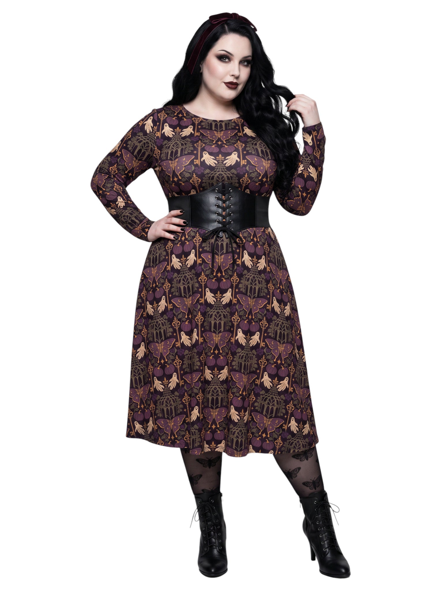 Plus size woman wearing a purple Whimsigoth gothic moth pattern long sleeve dress with pockets