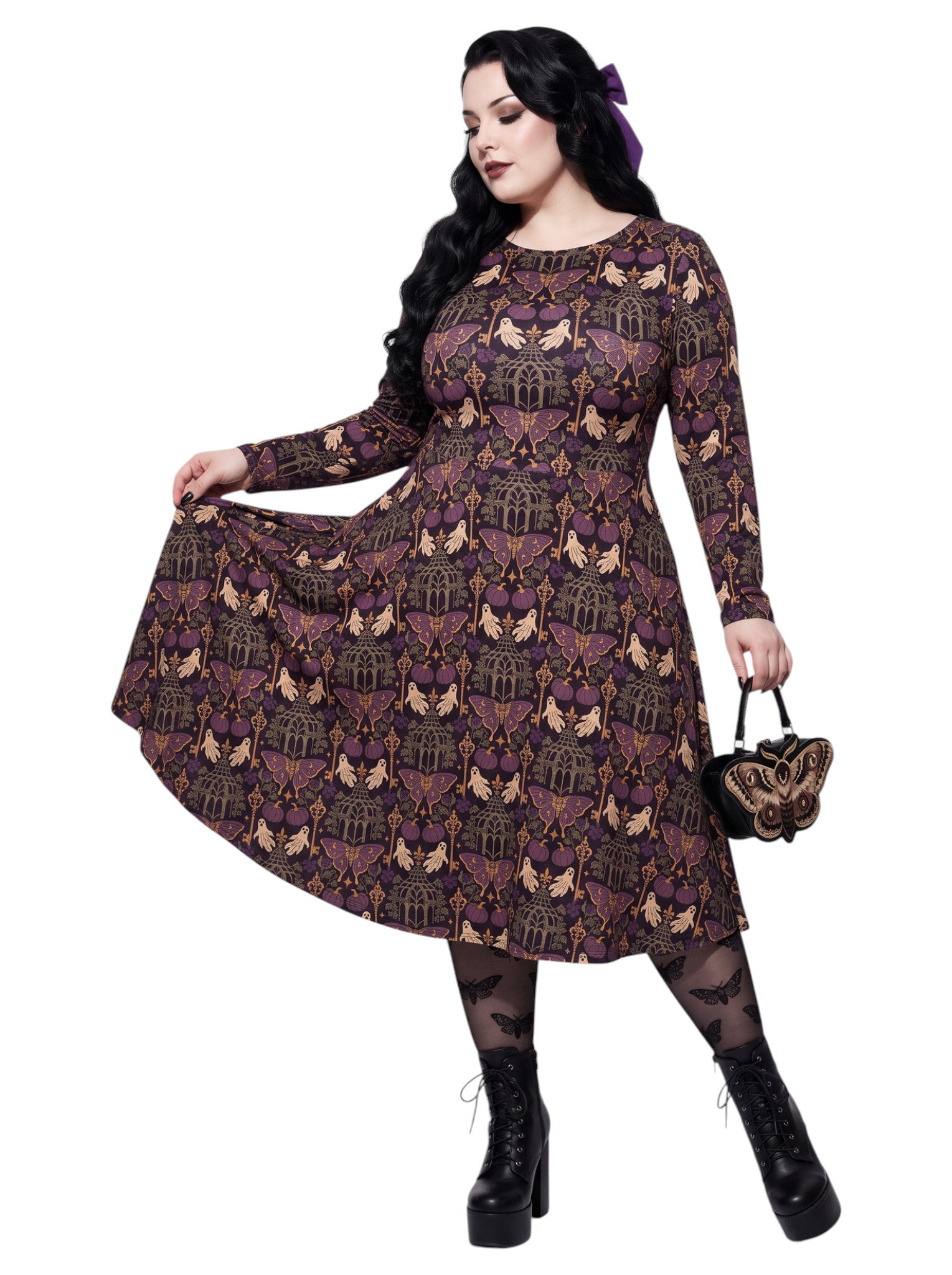 Plus size woman wearing a purple Whimsigoth gothic moth pattern long sleeve dress with pockets.