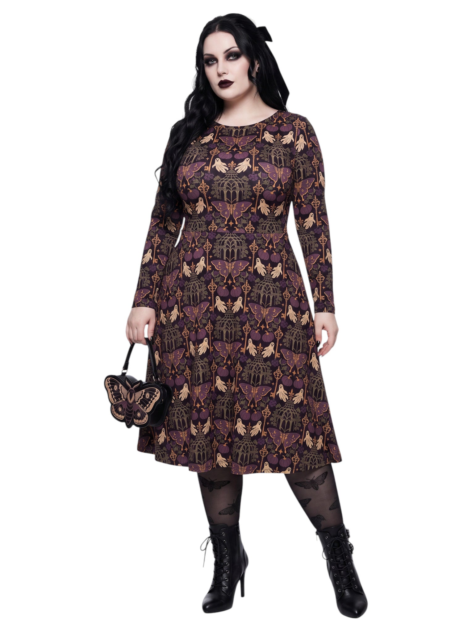 Plus size woman wearing a purple Whimsigoth gothic moth pattern long sleeve dress with pockets