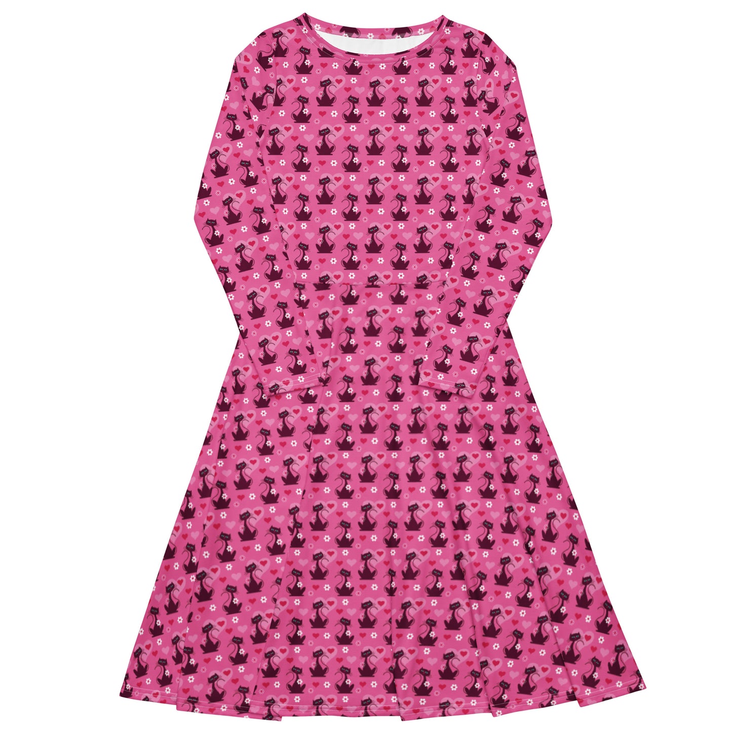 Pink retro-style long sleeve vintage 1950s dress with cat print and functional side pockets.