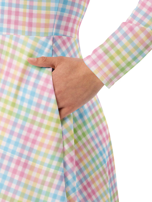 pastel rainbow gingham long sleeve vintage swing dress with pockets.