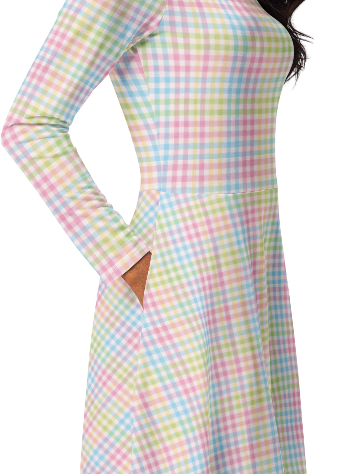 pastel rainbow gingham long sleeve vintage swing dress with pockets.