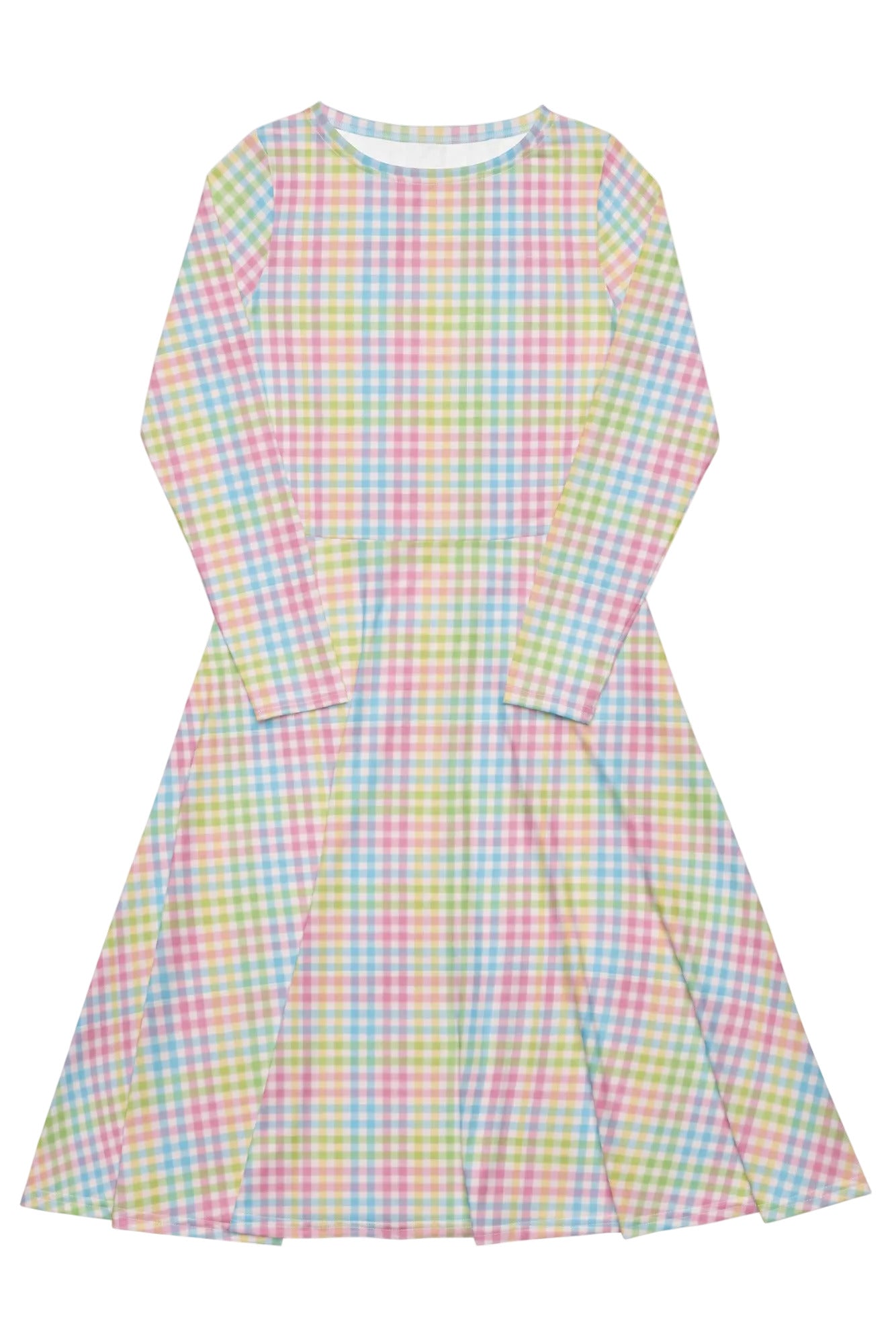 Pastel rainbow gingham long sleeve vintage swing dress with a boat neckline and pockets.